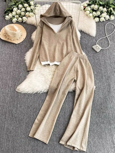 Rudens ziema sieviešu divdaļīgs trikotāžas džemperis treniņtērps silts ikdienas bikšu komplekts šiks ar kapuci džemperis, džemperis, trikotāžas bikses, kostīmi