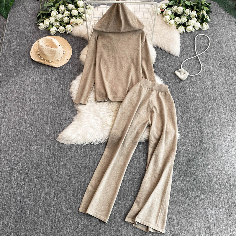 Rudens ziema sieviešu divdaļīgs trikotāžas džemperis treniņtērps silts ikdienas bikšu komplekts šiks ar kapuci džemperis, džemperis, trikotāžas bikses, kostīmi