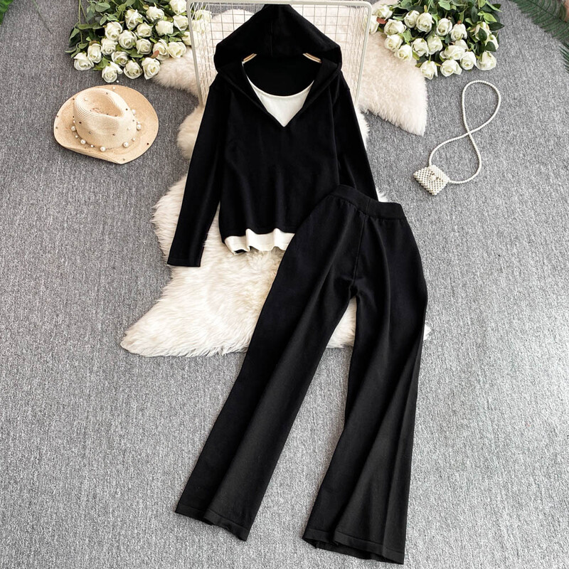 Rudens ziema sieviešu divdaļīgs trikotāžas džemperis treniņtērps silts ikdienas bikšu komplekts šiks ar kapuci džemperis, džemperis, trikotāžas bikses, kostīmi