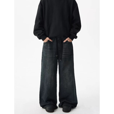 Ameerika pestud lahtised laia säärega vabaaja teksad meestele ja naistele trendikad hip-hop retro isikupära suured taskud sirge säärega püksid