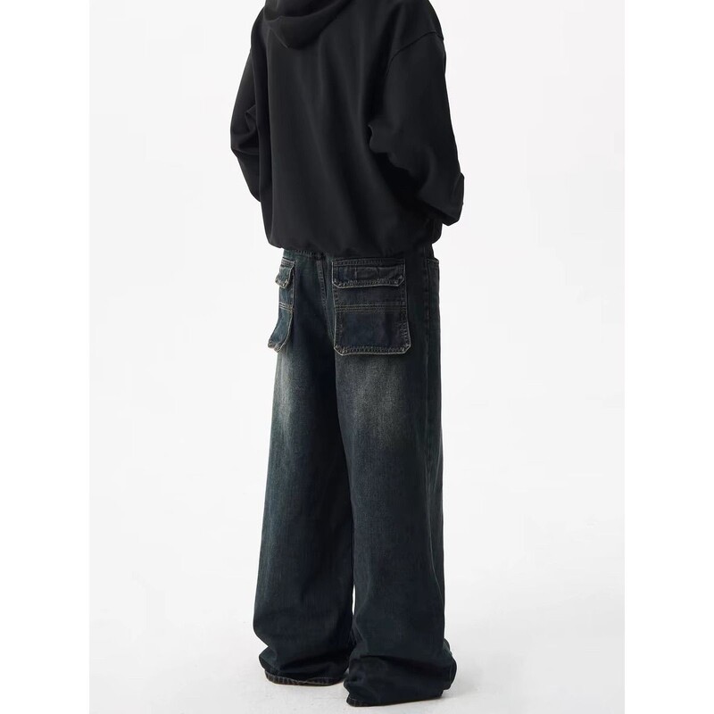 Ameerika pestud lahtised laia säärega vabaaja teksad meestele ja naistele trendikad hip-hop retro isikupära suured taskud sirge säärega püksid