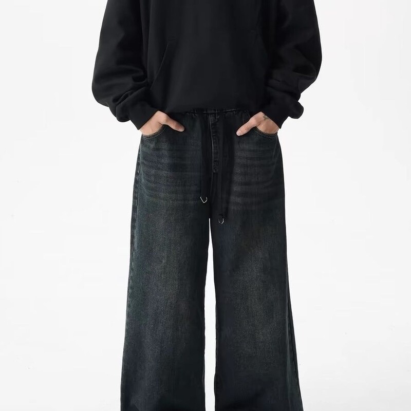 Ameerika pestud lahtised laia säärega vabaaja teksad meestele ja naistele trendikad hip-hop retro isikupära suured taskud sirge säärega püksid