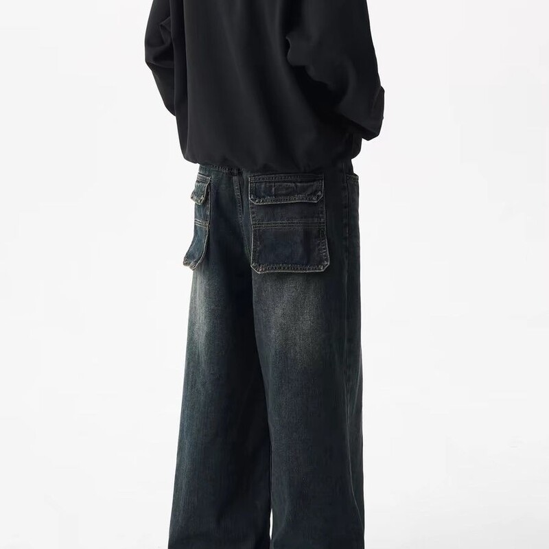 Ameerika pestud lahtised laia säärega vabaaja teksad meestele ja naistele trendikad hip-hop retro isikupära suured taskud sirge säärega püksid