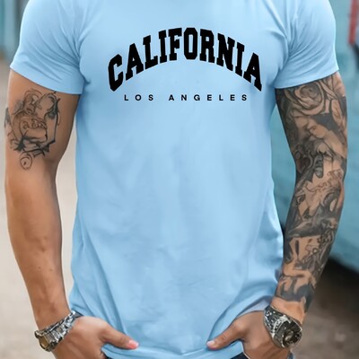 Vīriešu vasaras brīvs izmērs, 100% kokvilna, Kalifornijas apdruka, Slim Fit ikdienas T-krekla augšdaļa ar īsām piedurknēm