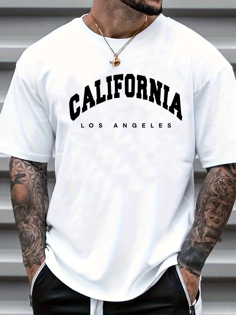 Vīriešu vasaras brīvs izmērs, 100% kokvilna, Kalifornijas apdruka, Slim Fit ikdienas T-krekla augšdaļa ar īsām piedurknēm