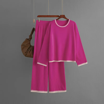 HELIAR sieviešu trikotāžas sporta 2 daļīgs komplekts, kontrasta krāsa ar O veida izgriezumu ar garām piedurknēm rudens džemperi + bikses ar platu vidukli, ikdienas uzvalks