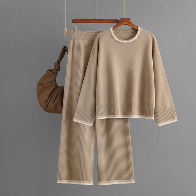 HELIAR sieviešu trikotāžas sporta 2 daļīgs komplekts, kontrasta krāsa ar O veida izgriezumu ar garām piedurknēm rudens džemperi + bikses ar platu vidukli, ikdienas uzvalks