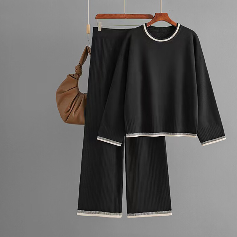 HELIAR sieviešu trikotāžas sporta 2 daļīgs komplekts, kontrasta krāsa ar O veida izgriezumu ar garām piedurknēm rudens džemperi + bikses ar platu vidukli, ikdienas uzvalks