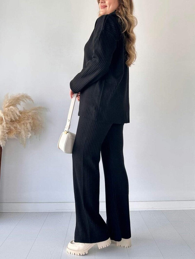 Uued talvised naiste tõmblukuga kõrge kaelusega soonik, kaheosaline komplekt vabaaja kootud pullover kampsun, soojad topid kõrge vöökohaga lõhestatud laia säärega püksid