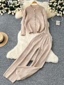 SINGREINY ziemas ikdienas kašmira kostīmi sievietēm ar garām piedurknēm pogas, jakas + ar augstu vidukli, platas kājas bikses brīvs džemperis 2 gab.