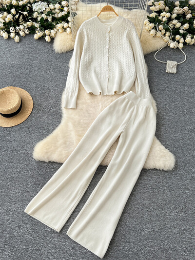 SINGREINY ziemas ikdienas kašmira kostīmi sievietēm ar garām piedurknēm pogas, jakas + ar augstu vidukli, platas kājas bikses brīvs džemperis 2 gab.