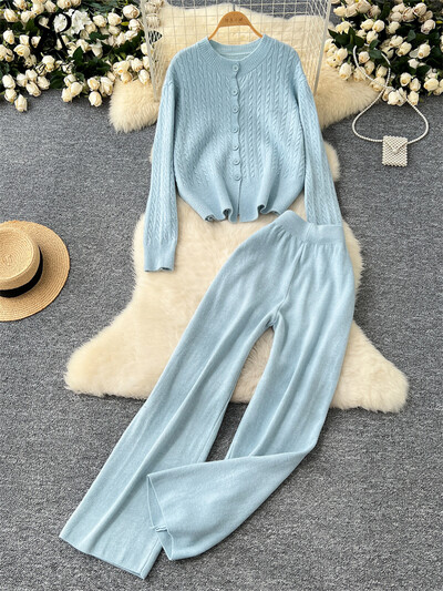 SINGREINY ziemas ikdienas kašmira kostīmi sievietēm ar garām piedurknēm pogas, jakas + ar augstu vidukli, platas kājas bikses brīvs džemperis 2 gab.