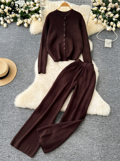 SINGREINY ziemas ikdienas kašmira kostīmi sievietēm ar garām piedurknēm pogas, jakas + ar augstu vidukli, platas kājas bikses brīvs džemperis 2 gab.