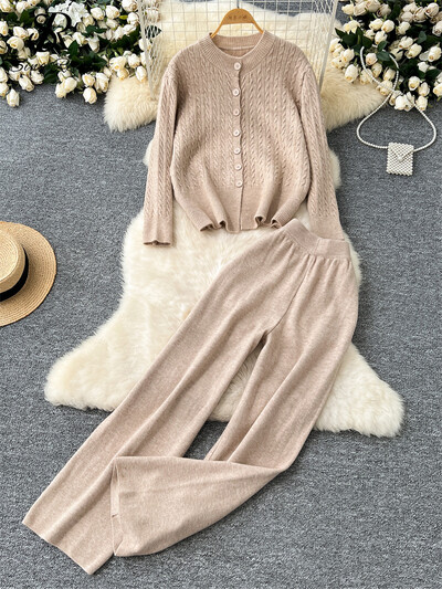 SINGREINY ziemas ikdienas kašmira kostīmi sievietēm ar garām piedurknēm pogas, jakas + ar augstu vidukli, platas kājas bikses brīvs džemperis 2 gab.