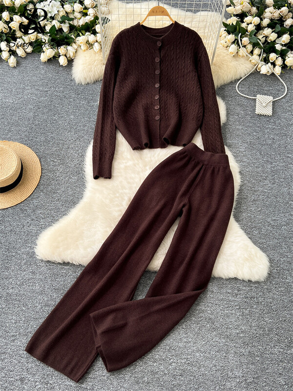 SINGREINY ziemas ikdienas kašmira kostīmi sievietēm ar garām piedurknēm pogas, jakas + ar augstu vidukli, platas kājas bikses brīvs džemperis 2 gab.