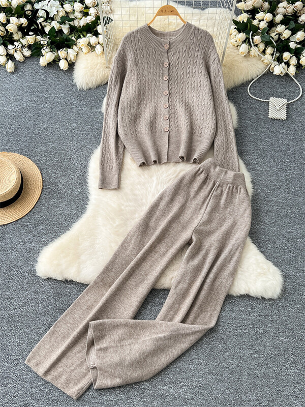 SINGREINY ziemas ikdienas kašmira kostīmi sievietēm ar garām piedurknēm pogas, jakas + ar augstu vidukli, platas kājas bikses brīvs džemperis 2 gab.