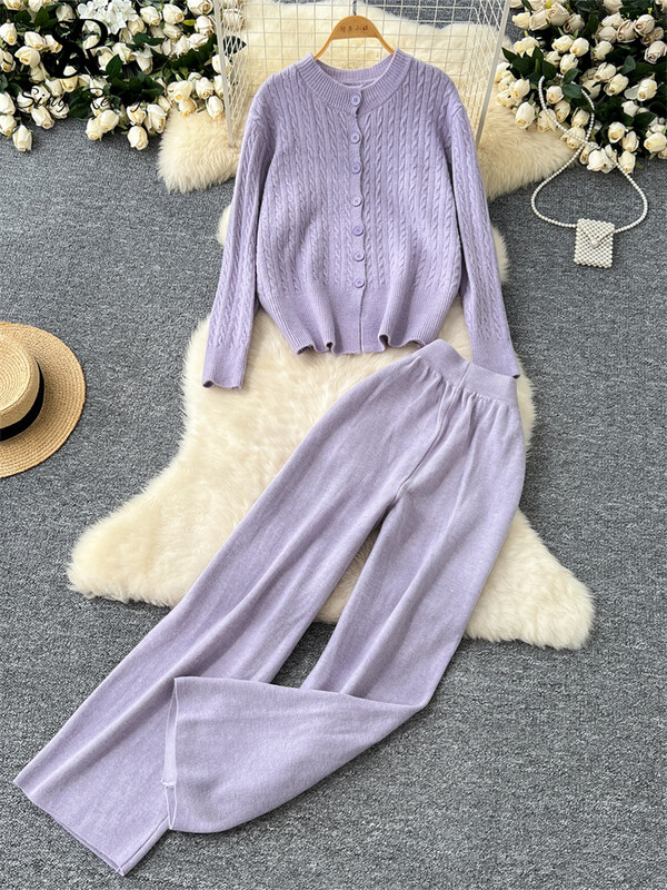 SINGREINY ziemas ikdienas kašmira kostīmi sievietēm ar garām piedurknēm pogas, jakas + ar augstu vidukli, platas kājas bikses brīvs džemperis 2 gab.