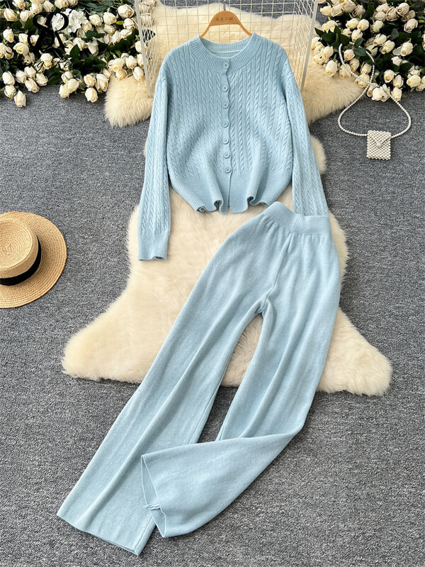 SINGREINY ziemas ikdienas kašmira kostīmi sievietēm ar garām piedurknēm pogas, jakas + ar augstu vidukli, platas kājas bikses brīvs džemperis 2 gab.