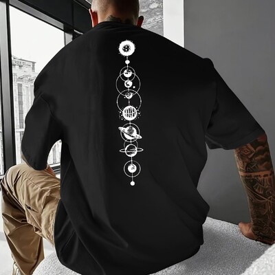 Meeste 100% puhtast puuvillast suvine vaba suurus Planet Graphic prindiga vabaaja, slim fit ümara kaelusega lühikeste varrukatega T-särgi topp