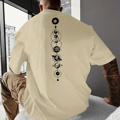 Meeste 100% puhtast puuvillast suvine vaba suurus Planet Graphic prindiga vabaaja, slim fit ümara kaelusega lühikeste varrukatega T-särgi topp