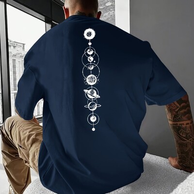 Meeste 100% puhtast puuvillast suvine vaba suurus Planet Graphic prindiga vabaaja, slim fit ümara kaelusega lühikeste varrukatega T-särgi topp