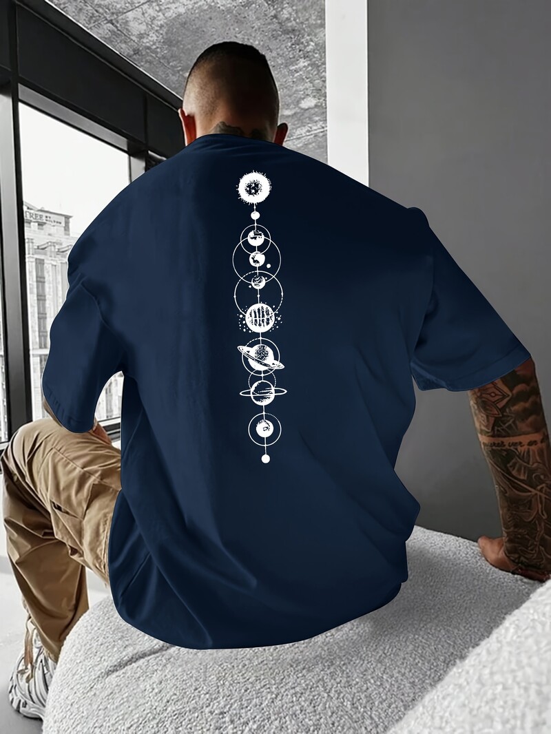 Meeste 100% puhtast puuvillast suvine vaba suurus Planet Graphic prindiga vabaaja, slim fit ümara kaelusega lühikeste varrukatega T-särgi topp