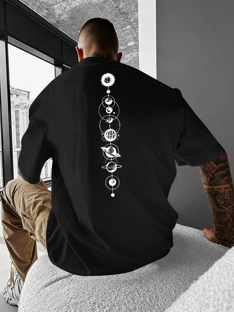 Meeste 100% puhtast puuvillast suvine vaba suurus Planet Graphic prindiga vabaaja, slim fit ümara kaelusega lühikeste varrukatega T-särgi topp