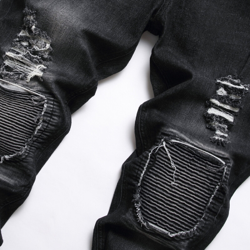 Muške motociklističke bajkerske traperice, elegantne poderane uske uske traperice, hlače s rupama, uske duge traperice, muške traper hlače