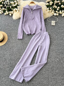 SINGREINY Winter Basic Casual Divu gabalu komplekti Sieviešu atloks Kakla topi ar rāvējslēdzēju + Augsts viduklis, platas kājas garas bikses, brīvi adīti kostīmi