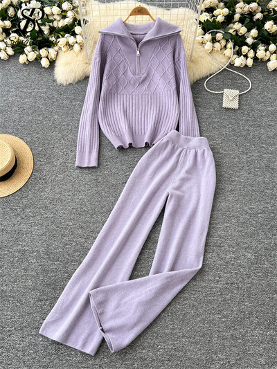 SINGREINY Winter Basic Casual Divu gabalu komplekti Sieviešu atloks Kakla topi ar rāvējslēdzēju + Augsts viduklis, platas kājas garas bikses, brīvi adīti kostīmi