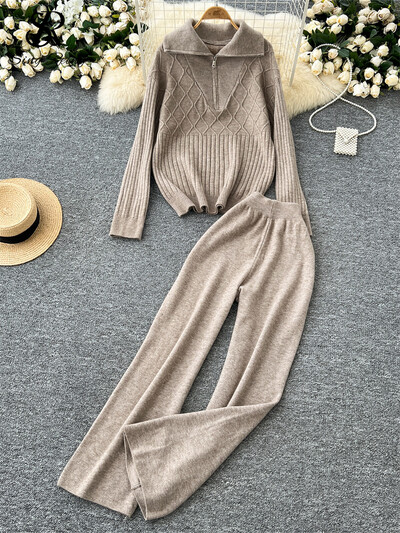 SINGREINY Winter Basic Casual Divu gabalu komplekti Sieviešu atloks Kakla topi ar rāvējslēdzēju + Augsts viduklis, platas kājas garas bikses, brīvi adīti kostīmi