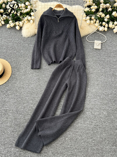 SINGREINY Winter Basic Casual Divu gabalu komplekti Sieviešu atloks Kakla topi ar rāvējslēdzēju + Augsts viduklis, platas kājas garas bikses, brīvi adīti kostīmi