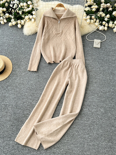 SINGREINY Winter Basic Casual Divu gabalu komplekti Sieviešu atloks Kakla topi ar rāvējslēdzēju + Augsts viduklis, platas kājas garas bikses, brīvi adīti kostīmi