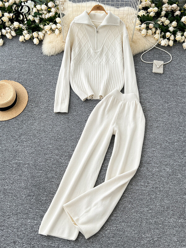 SINGREINY Winter Basic Casual Divu gabalu komplekti Sieviešu atloks Kakla topi ar rāvējslēdzēju + Augsts viduklis, platas kājas garas bikses, brīvi adīti kostīmi