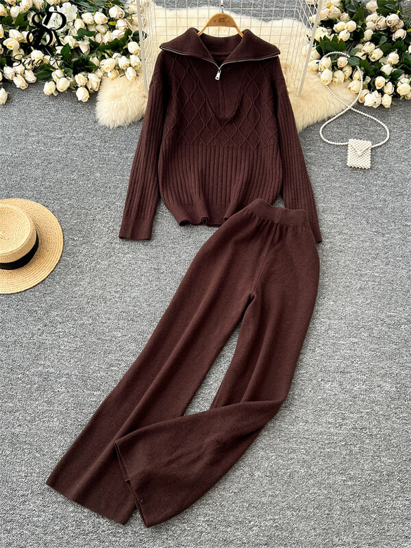 SINGREINY Winter Basic Casual Divu gabalu komplekti Sieviešu atloks Kakla topi ar rāvējslēdzēju + Augsts viduklis, platas kājas garas bikses, brīvi adīti kostīmi