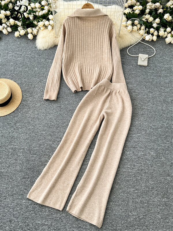 SINGREINY Winter Basic Casual Divu gabalu komplekti Sieviešu atloks Kakla topi ar rāvējslēdzēju + Augsts viduklis, platas kājas garas bikses, brīvi adīti kostīmi