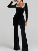 Dimanta samta kombinezoni sievietēm ar augstu vidukli ar garām piedurknēm kvadrātveida apkakle ikdienišķs sieviešu kombinezons, 2024. gada ziemas elegants, melns sieviešu romāns