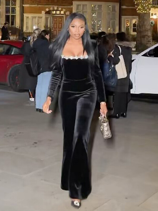 Dimanta samta kombinezoni sievietēm ar augstu vidukli ar garām piedurknēm kvadrātveida apkakle ikdienišķs sieviešu kombinezons, 2024. gada ziemas elegants, melns sieviešu romāns