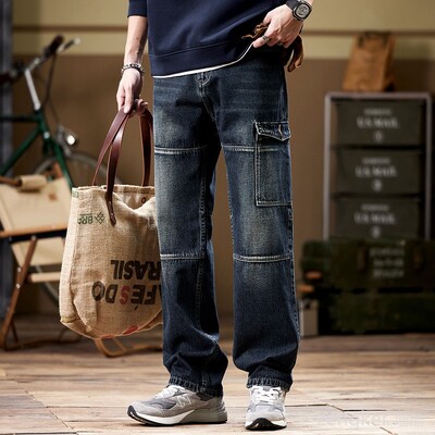 Muške japanske retro radne odjeće traperice jesen zima široke velike veličine trendi hlače s više džepova 130 kg široke traperice