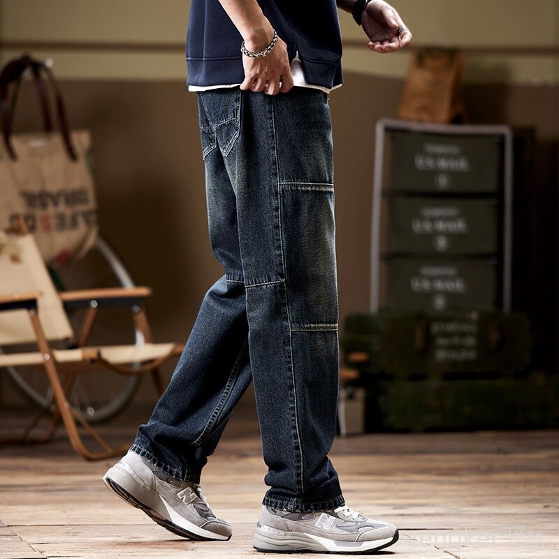 Muške japanske retro radne odjeće traperice jesen zima široke velike veličine trendi hlače s više džepova 130 kg široke traperice