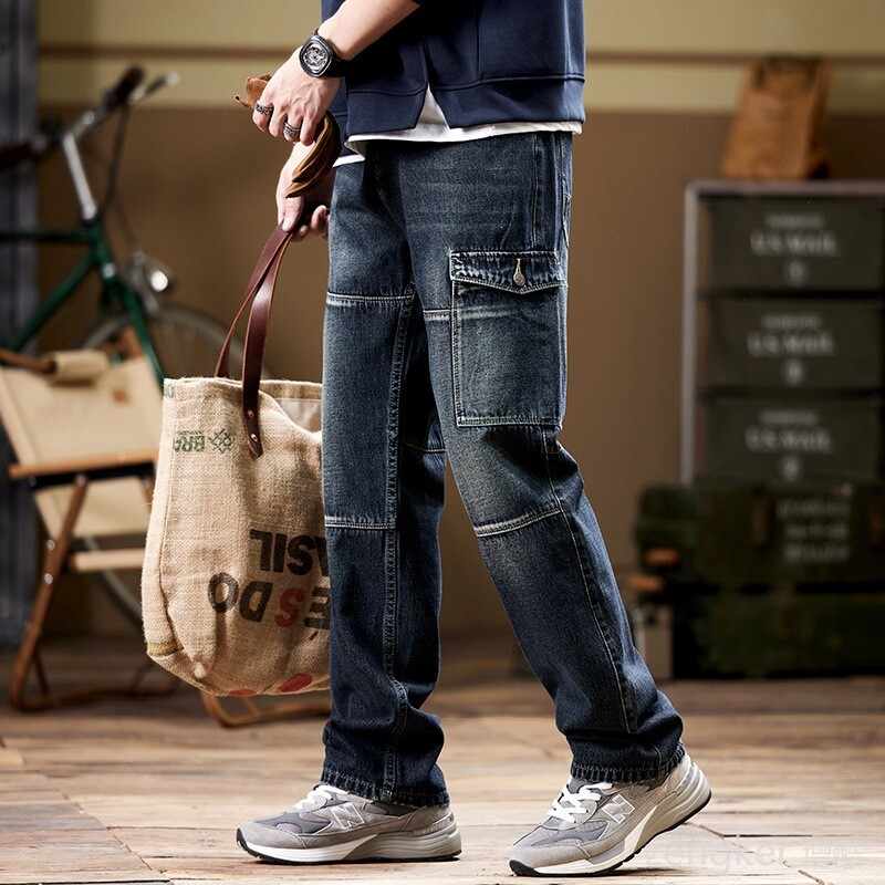 Muške japanske retro radne odjeće traperice jesen zima široke velike veličine trendi hlače s više džepova 130 kg široke traperice