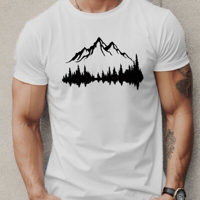 Лятна мъжка 100% памук ежедневна широка спортна тениска с щампи с планини и дървета и удобна кръгла яка с къс ръкав