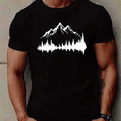 Лятна мъжка 100% памук ежедневна широка спортна тениска с щампи с планини и дървета и удобна кръгла яка с къс ръкав