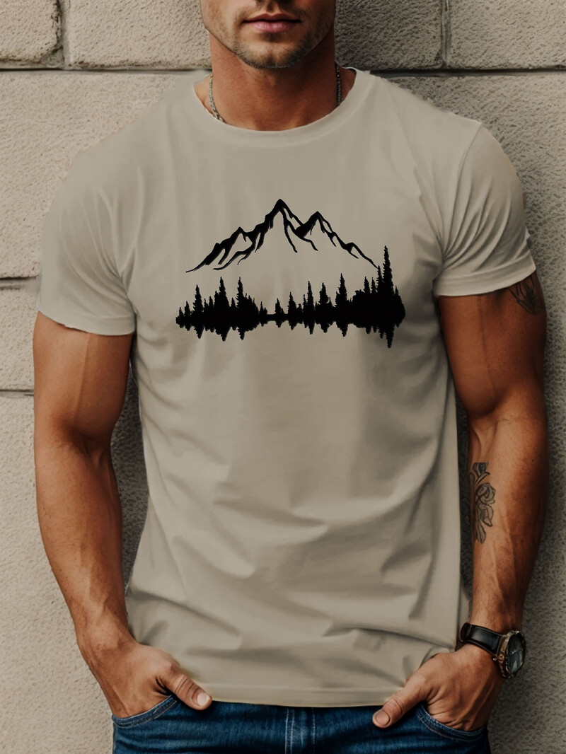 Лятна мъжка 100% памук ежедневна широка спортна тениска с щампи с планини и дървета и удобна кръгла яка с къс ръкав