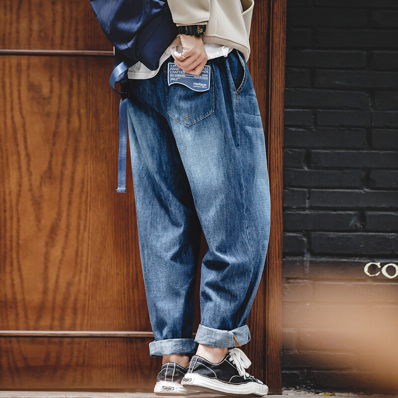 Maden Men Loose Casual Jeans 7.8OZ Washed Denim Mid Rise Stretchless Широки крачоли Straight Pants Hombre Blue Jeans Plus Size