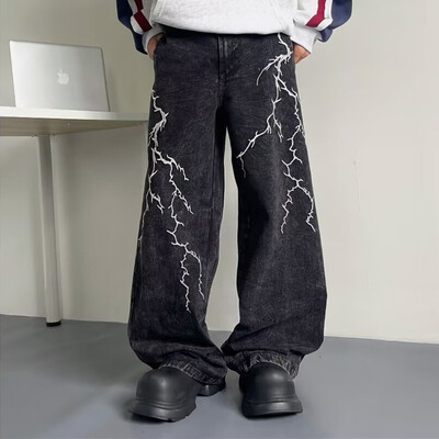 2024 Cyber Y2K Streetwear Embroidery Lightning Black Baggy Jeans Hlače Muške Vintage odjeća 90-ih Široke Hip Hop duge hlače