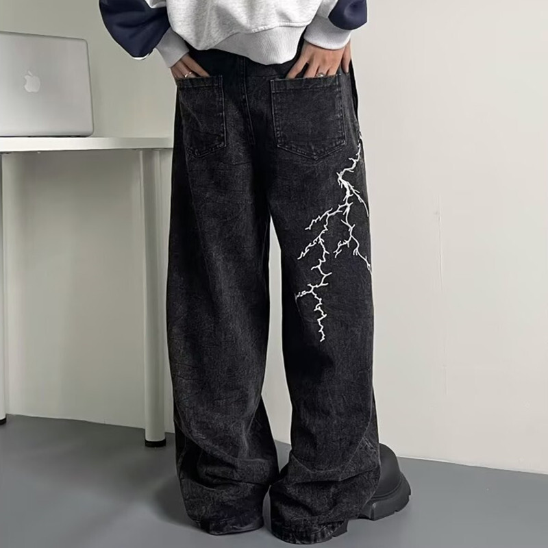 2024 Cyber Y2K Streetwear Embroidery Lightning Black Baggy Jeans Hlače Muške Vintage odjeća 90-ih Široke Hip Hop duge hlače