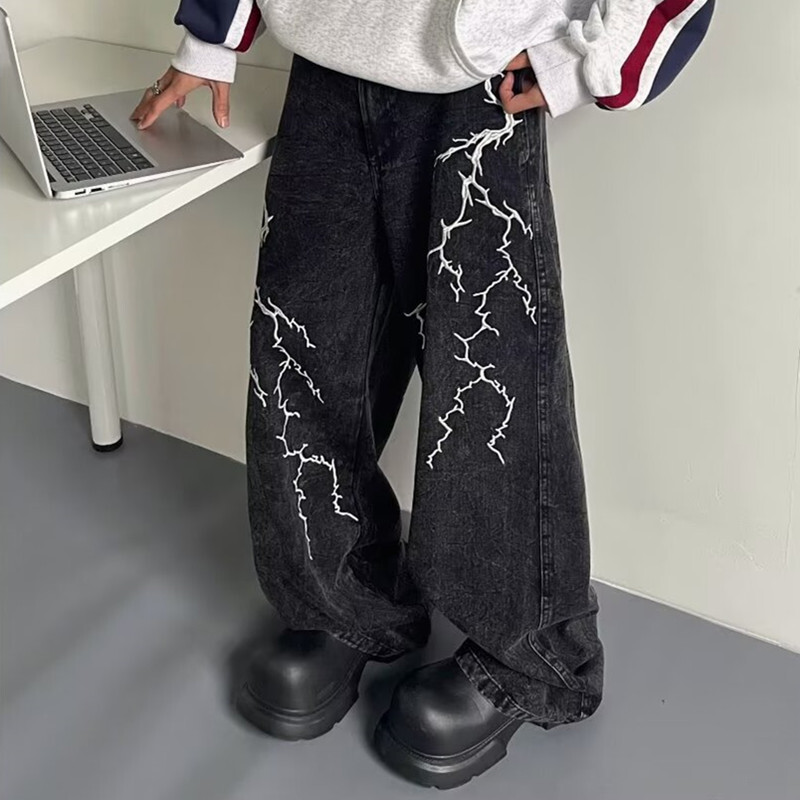 2024 Cyber Y2K Streetwear Embroidery Lightning Black Baggy Jeans Hlače Muške Vintage odjeća 90-ih Široke Hip Hop duge hlače