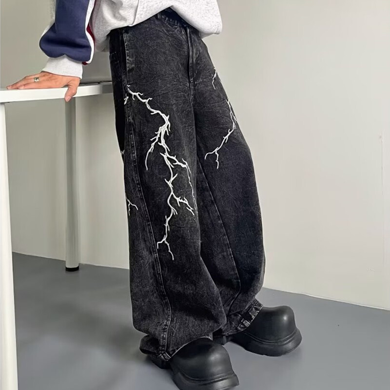 2024 Cyber Y2K Streetwear Embroidery Lightning Black Baggy Jeans Hlače Muške Vintage odjeća 90-ih Široke Hip Hop duge hlače