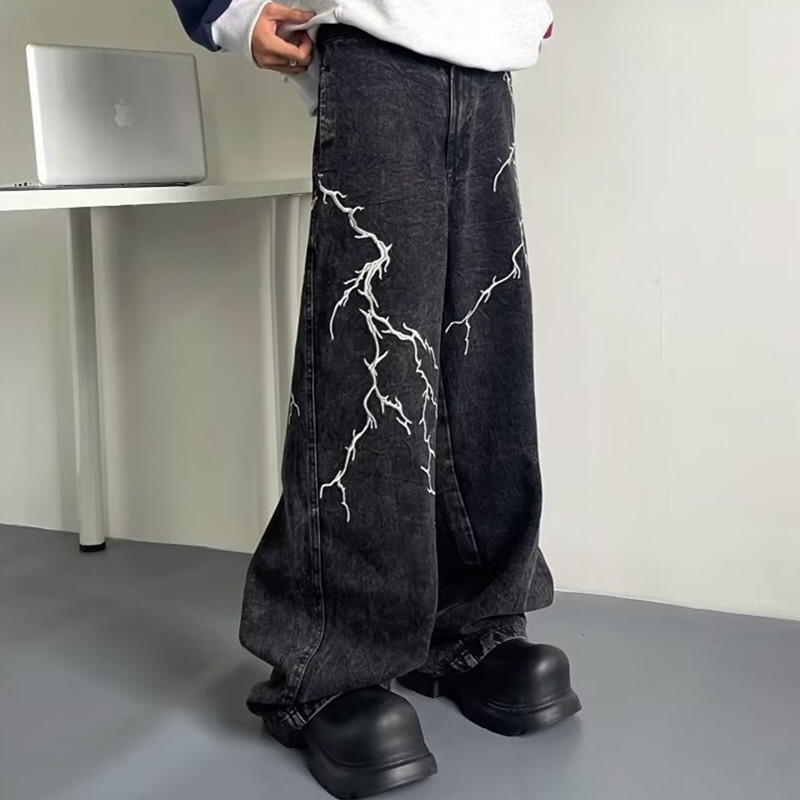 2024 Cyber Y2K Streetwear Embroidery Lightning Black Baggy Jeans Hlače Muške Vintage odjeća 90-ih Široke Hip Hop duge hlače